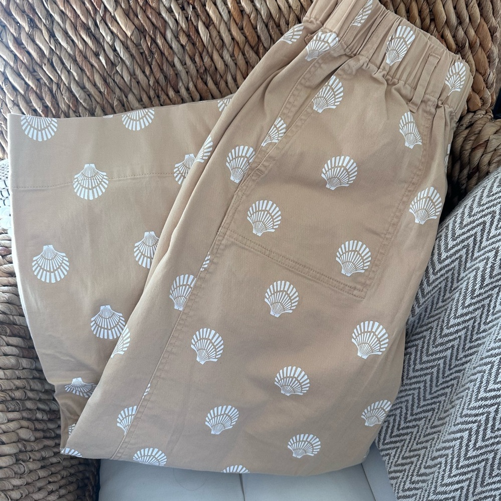 J. Crew Tan Wide Leg Pants with White Shell Print